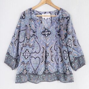 Alice Blue Stitch Fix Blouse Women Sz Medium Blue Geometric Lightweight Sheer